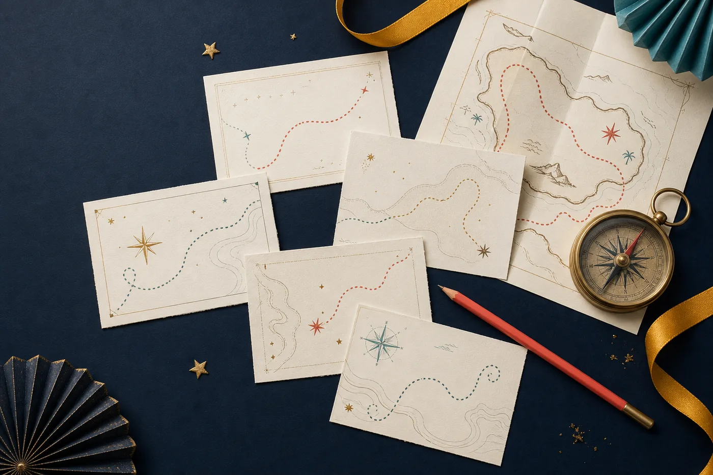 Printable treasure hunt cards, map, compass, ribbon, and pencil arranged on a navy table